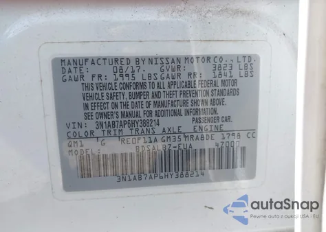 2017 Nissan Sentra S z USA, uszkodzony, nr VIN 3N1AB7AP6HY388414